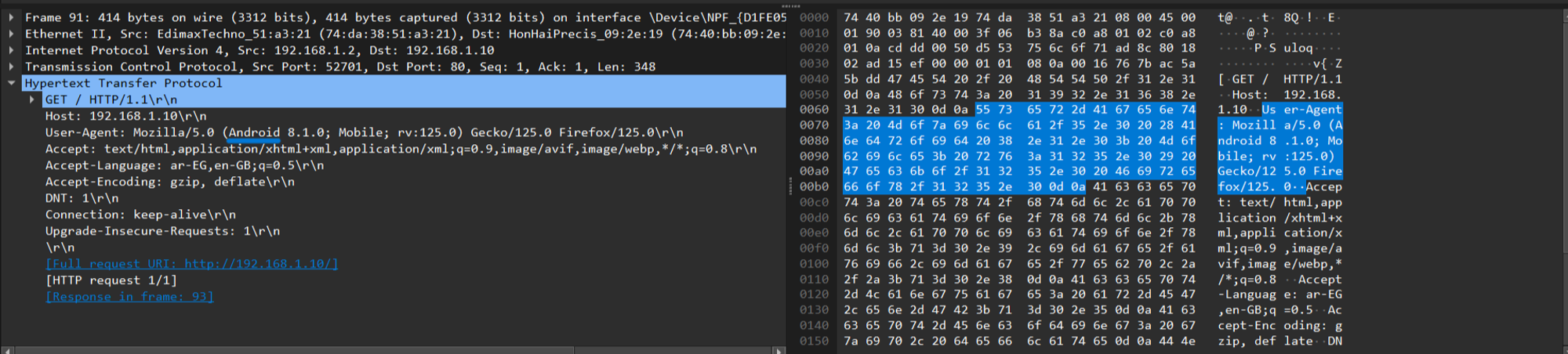 *Screenshot of HTTP GET request packet*